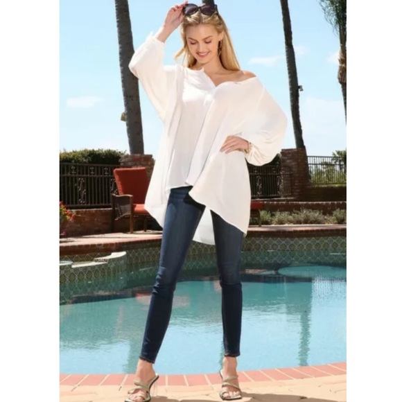 White Button Wide Tie Sleeve Hi Lo Tunic Blouse - Picture 11 of 11